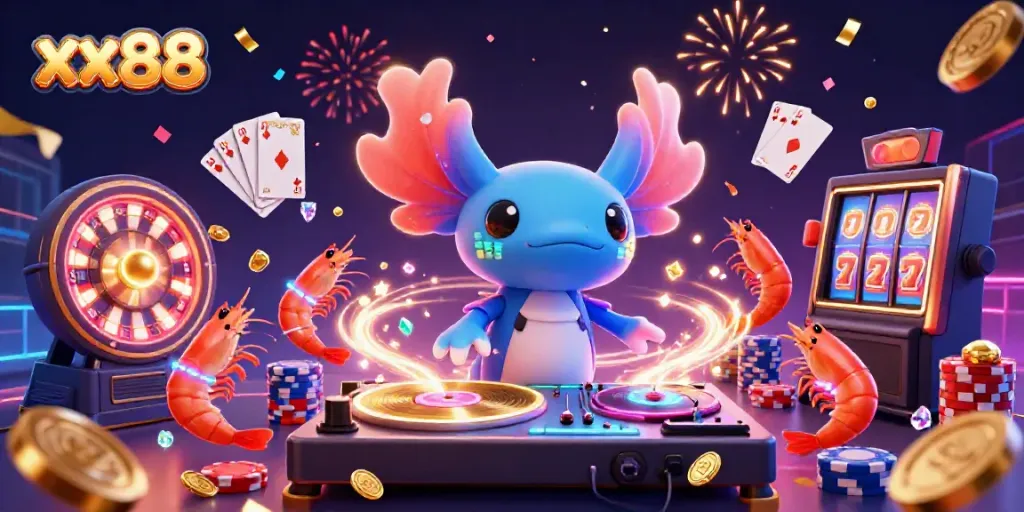 Experience the vibrant excitement of xx88 with colorful characters and sparkling game elements in a dynamic casino environment.