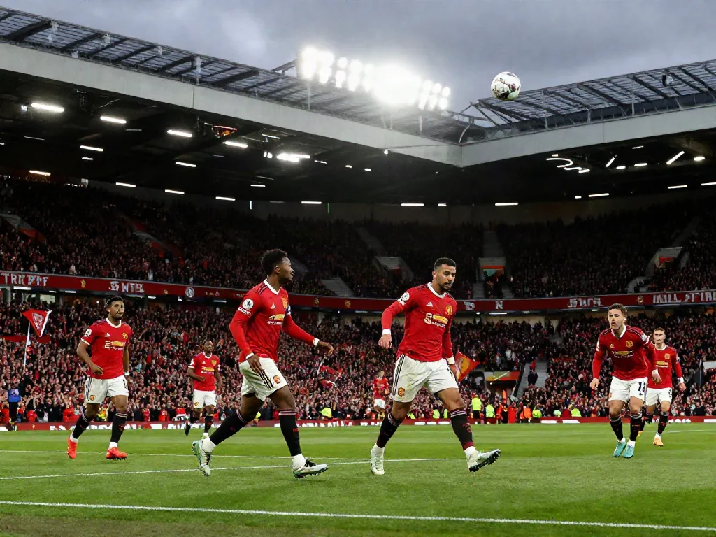 Action-packed Manchester United vs Liverpool match showcasing dynamic corner kick as players compete.
