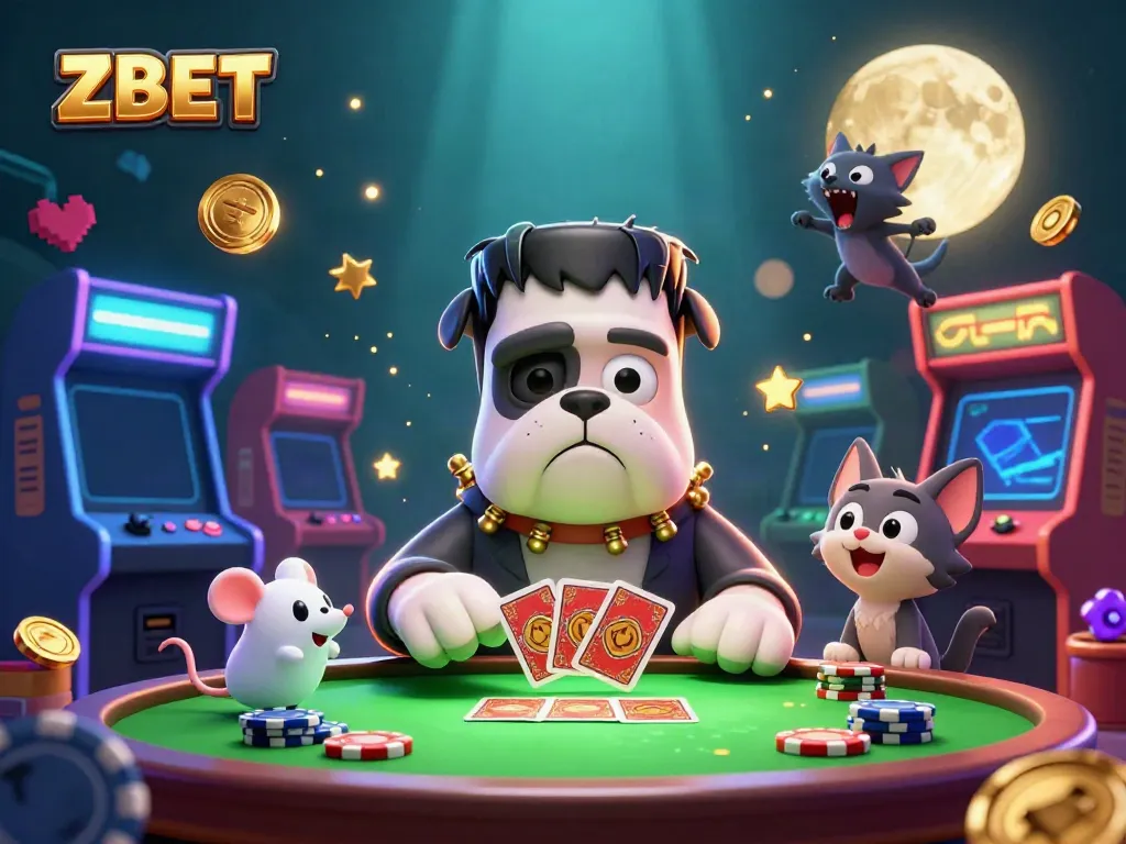 Experience thrilling gaming with ZBET featuring a monstrous dealer and festive casino elements.