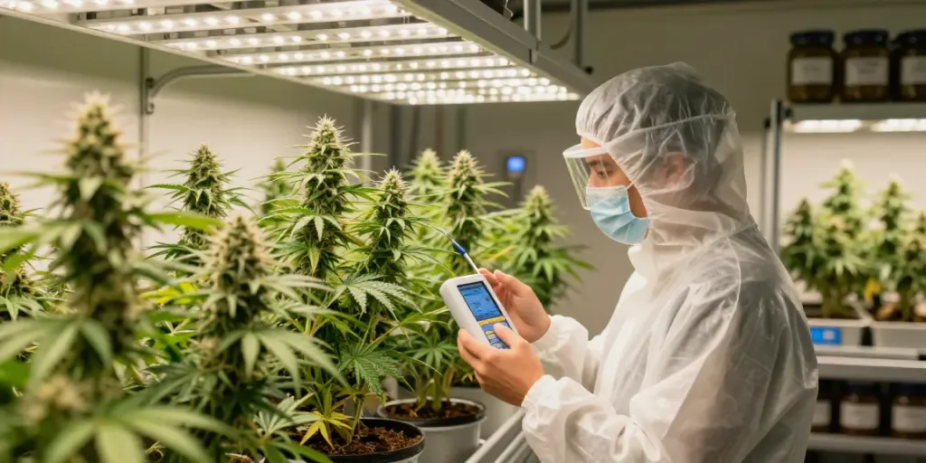 Premium indoor-grown cannabis scene showcasing Alienlab strains in a vibrant grow facility.