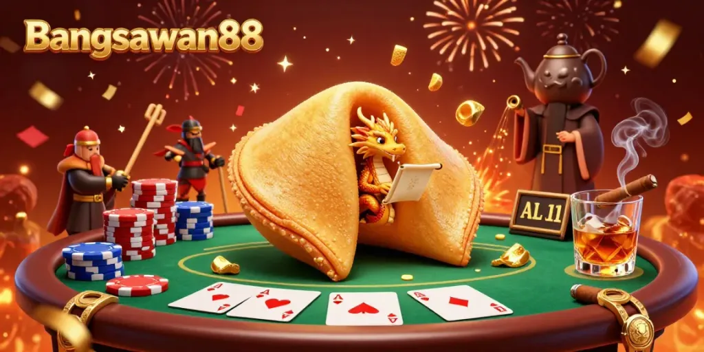 Engage with Bangsawan88's online gaming experience through a vibrant 3D scene featuring a golden cookie and poker elements.