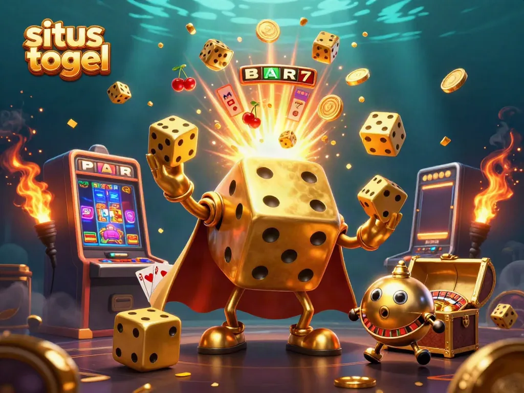 Experience situs togel excitement with golden dice and dynamic casino elements in a vibrant 3D illustration.