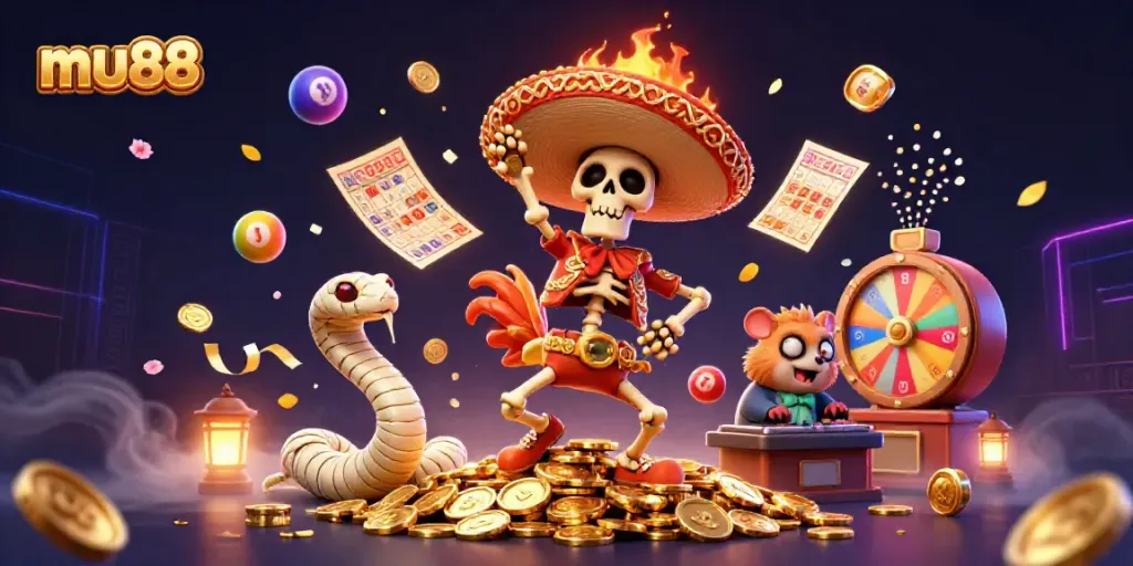Experience the vibrant energy of mu88 with a lively scene of a skeleton mariachi rooster celebrating wins on golden coins.