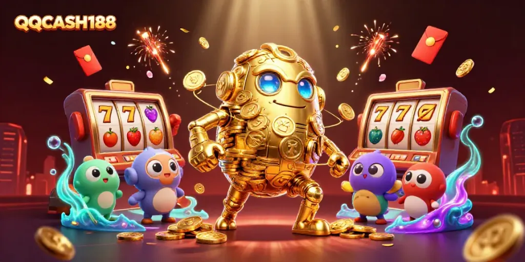 Experience QQCASH188 with a vibrant 3D casino scene featuring a golden golem and slot machine elements.