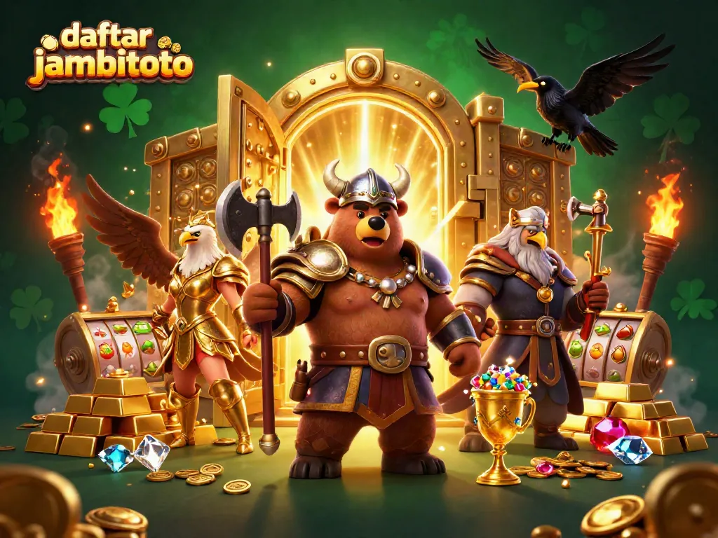 Engage with daftar jambitoto by immersing in a vibrant 3D casino scene filled with thrilling games and golden treasures.