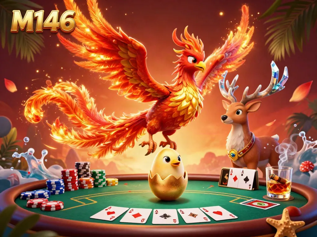 Experience the vibrant energy of M146 with a fiery phoenix scene, showcasing thrilling poker elements.