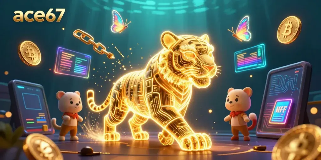 Experience ace67's vibrant online gaming landscape with a neon golden tiger, cryptocurrencies, and holographic elements.