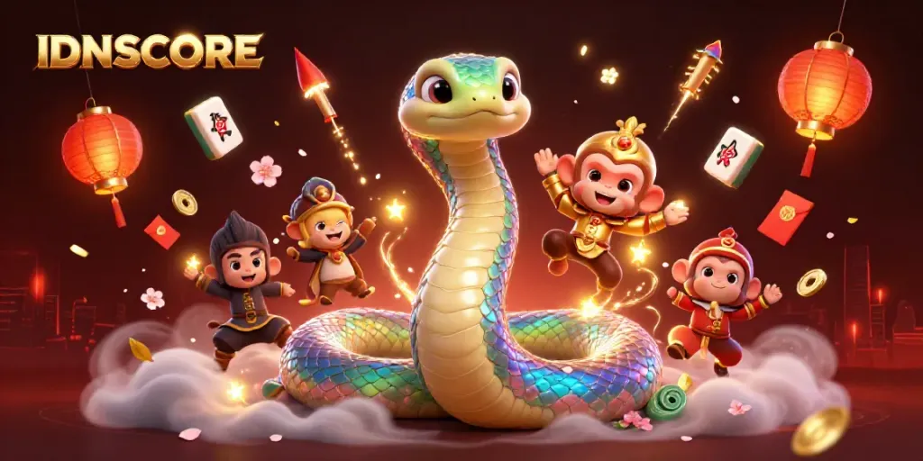 Engage with IDNSCORE's vibrant gaming scene featuring a rainbow serpent, monkey king, and magical symbols.