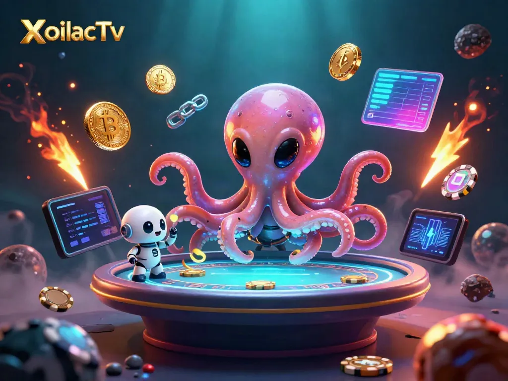 XoilacTv features vibrant 3D aliens enjoying poker while floating coins and neon displays surround them.