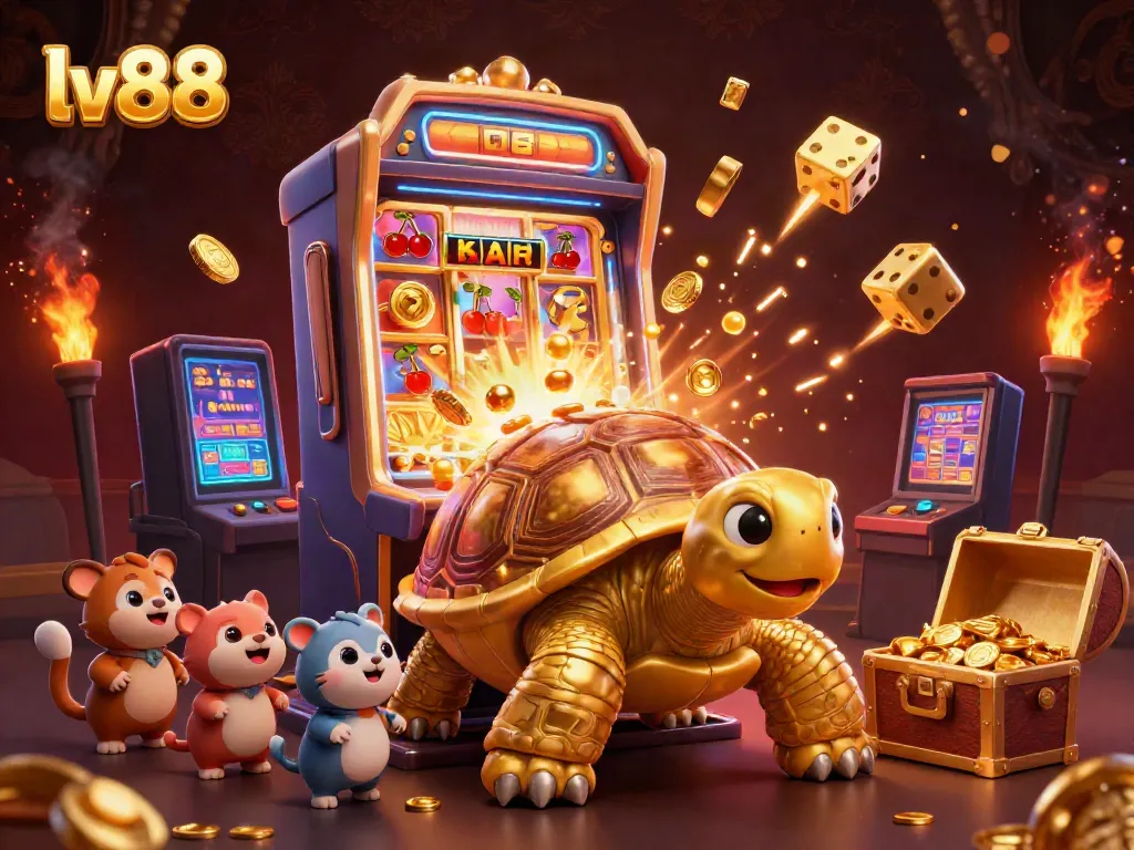 Engage with lv88's vibrant casino theme illustrated with gold elements and a whimsical pinball tortoise.