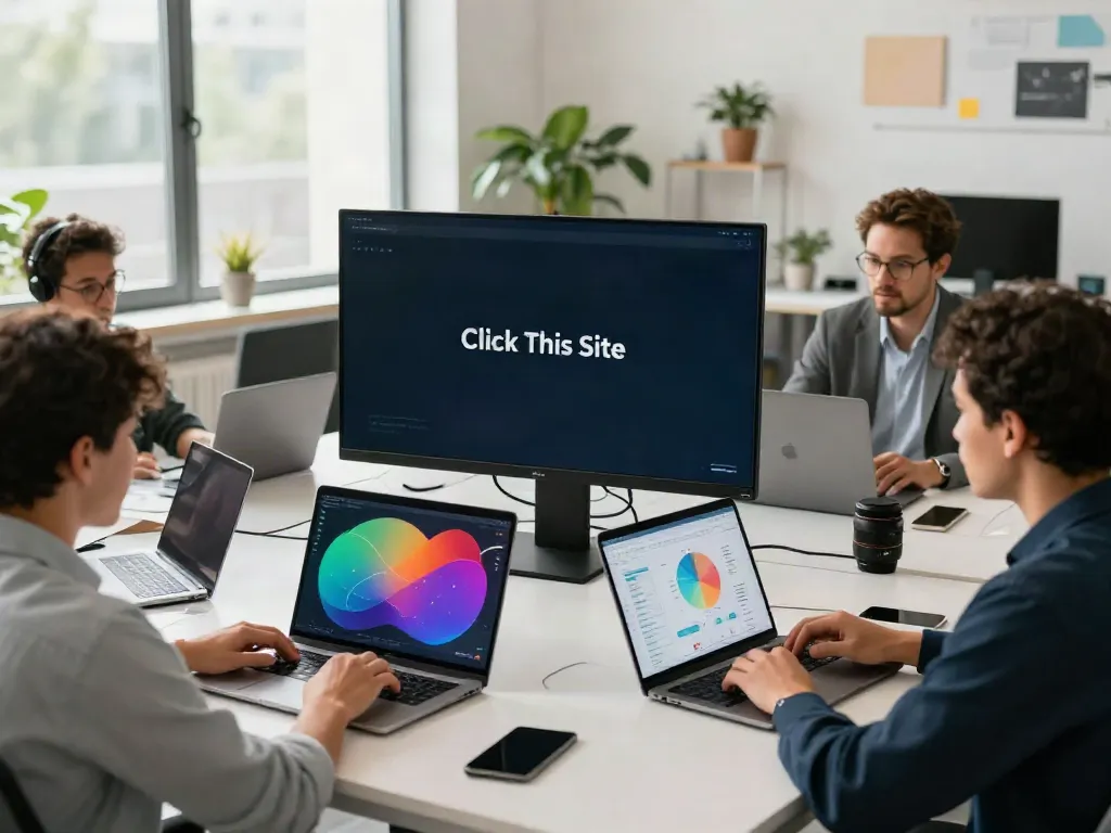 Collaborative meeting on "Click This Site" in a modern office with diverse professionals.