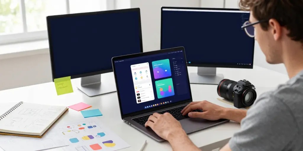 Developer coding vibrant app designs in a modern workspace with apktodo's innovative tech focus.
