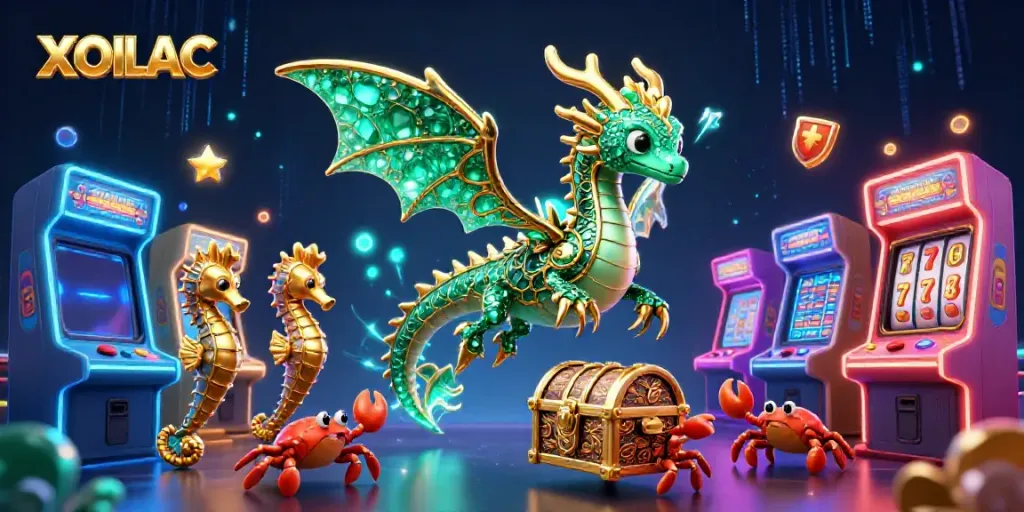 Play exciting games at XOILAC with a mystical scene of dragons, treasure, and glowing casino elements.