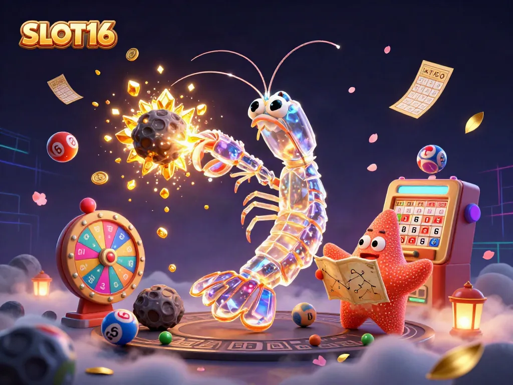 Experience the excitement of SLOT16 with a galactic samurai and starfish in a vibrant casino scene.