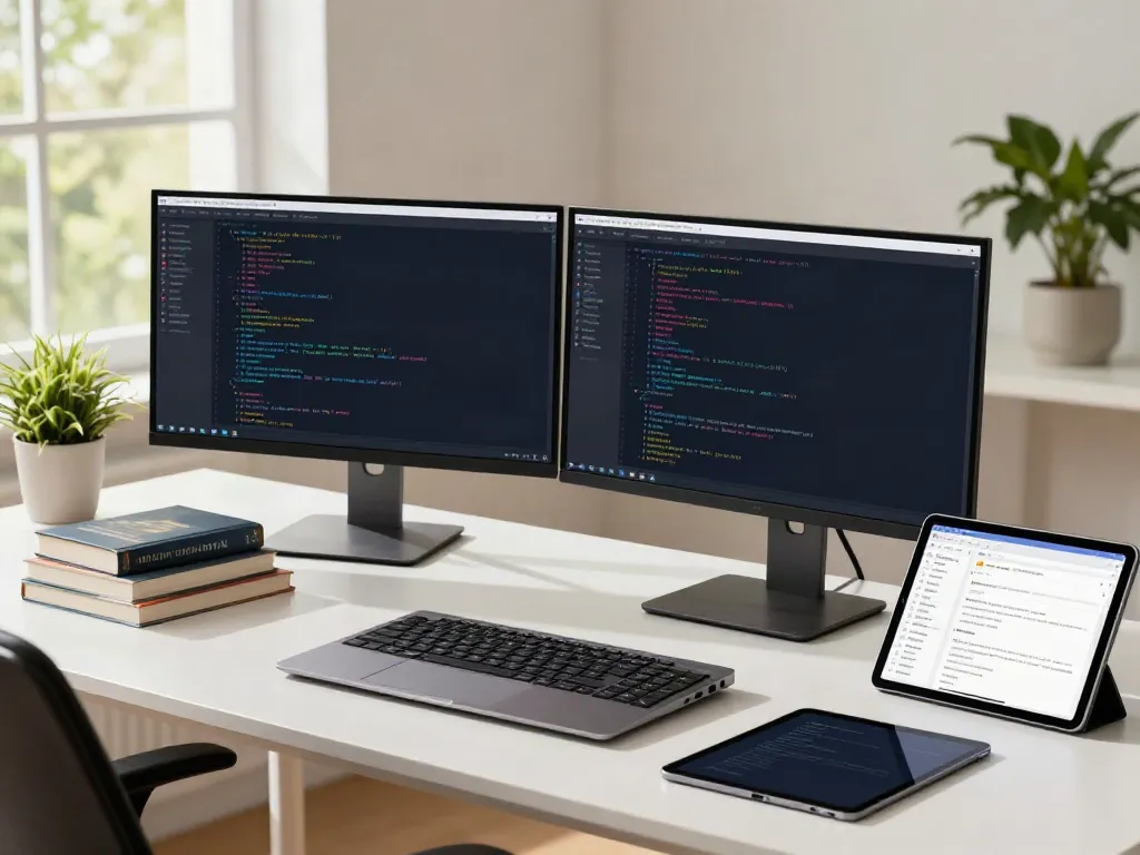 v2rayN官网 tech workspace with developer coding on dual monitors