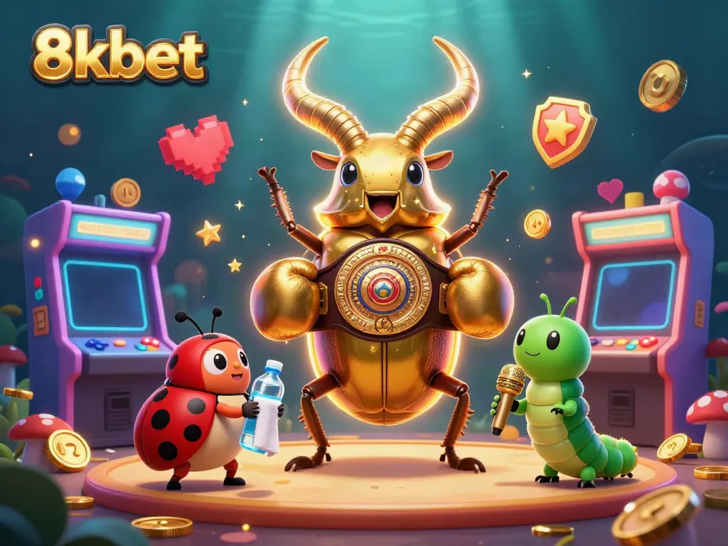 Experience the vibrant energy of 8xbet in this 3D casino scene featuring a golden stag beetle boxing champion.