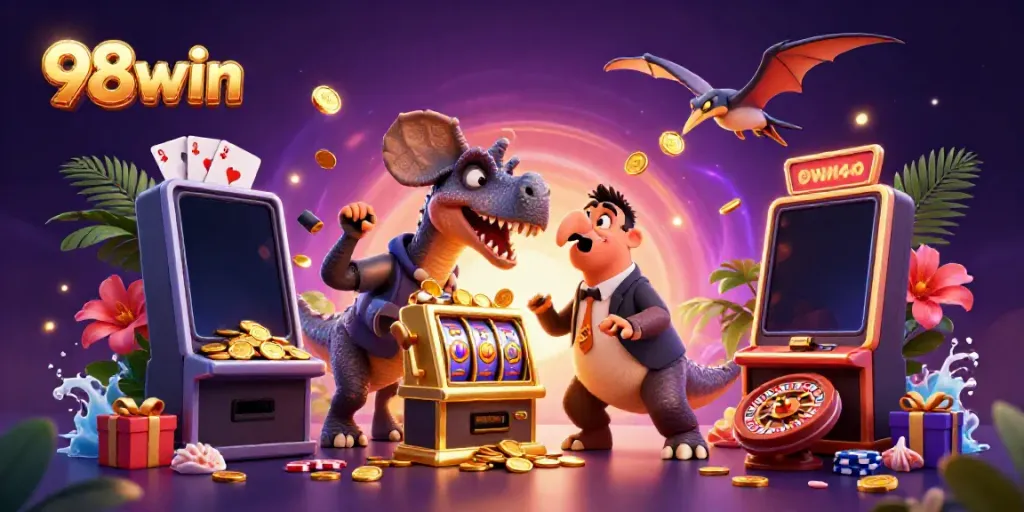 98win attracts players with a dynamic 3D illustration of a pachycephalosaurus winning a jackpot.