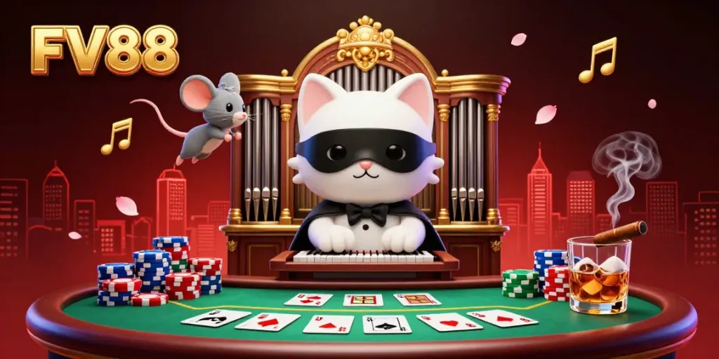 Experience thrilling online gaming at FV88 with a vibrant 3D casino scene filled with poker elements and whimsical characters.