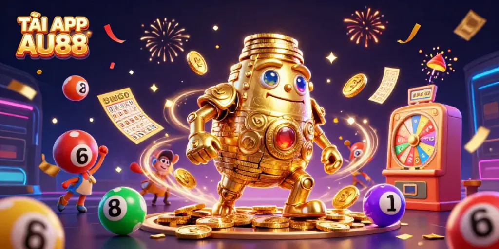 Experience the excitement of online gaming with TẢI APP AU88, featuring vibrant casino elements and a golden golem.