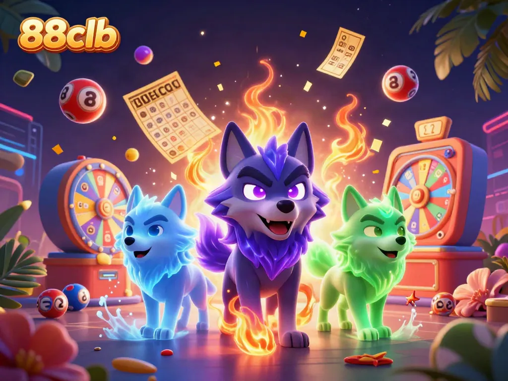 Engage in the excitement of 88clb with a dynamic scene of winning lottery moments and ghostly wolf characters.