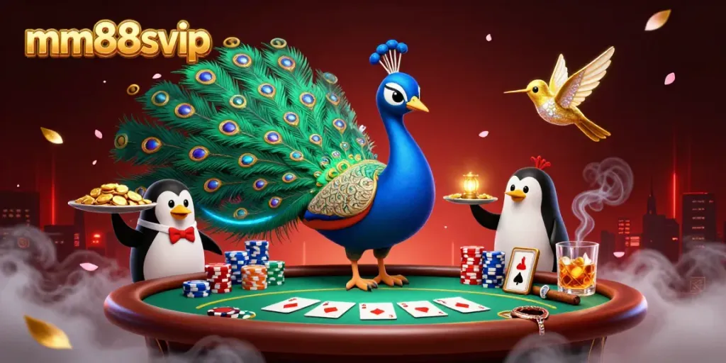 Engage with mm88svip at this vibrant casino scene featuring playful characters and poker elements.