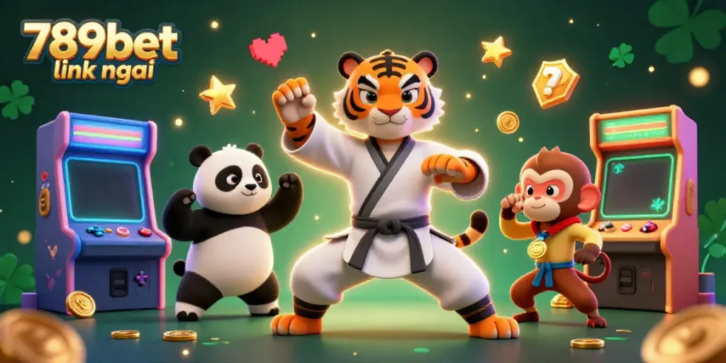Engage in thrilling gameplay with 789bet link mới, featuring a kung fu tiger master surrounded by colorful arcade machines.