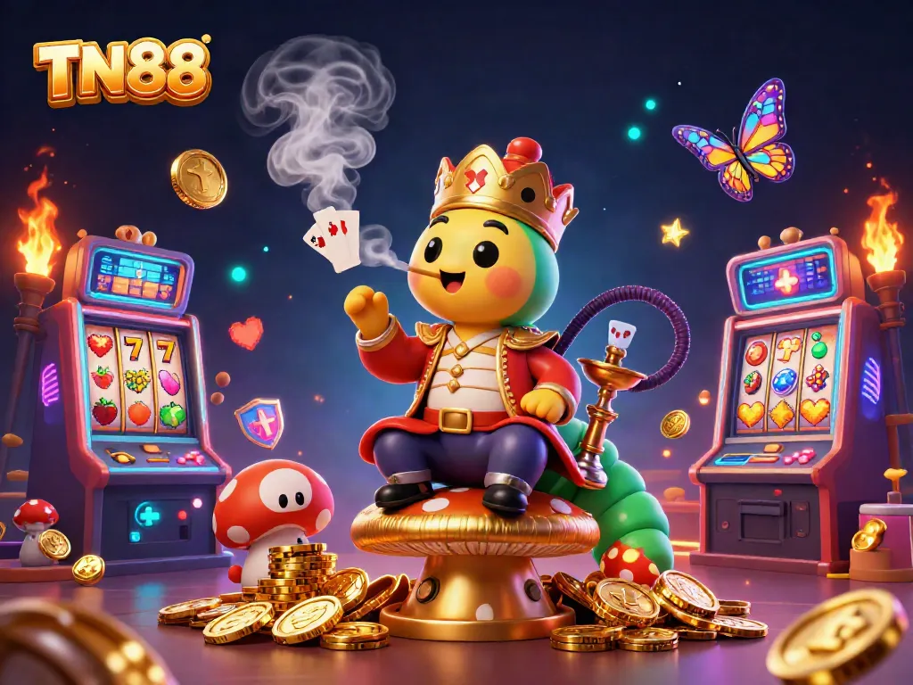 Engage in exciting gameplay with TN88, illustrated through vibrant casino imagery featuring slot machines and a whimsical caterpillar.