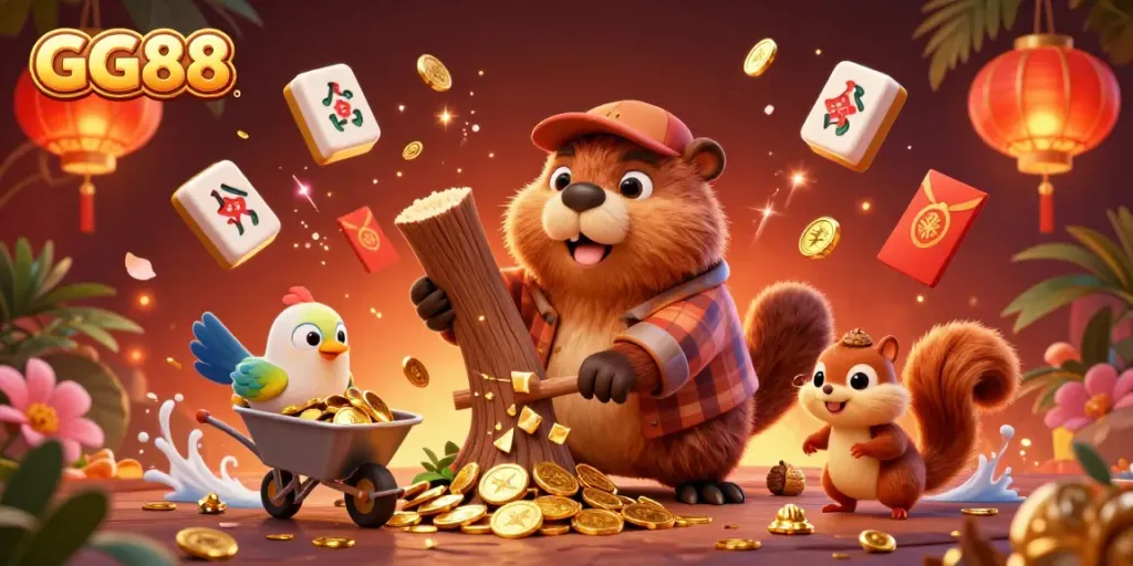 Experience the excitement of GG88 with a colorful 3D scene featuring playful characters collecting coins in a vibrant casino atmosphere.