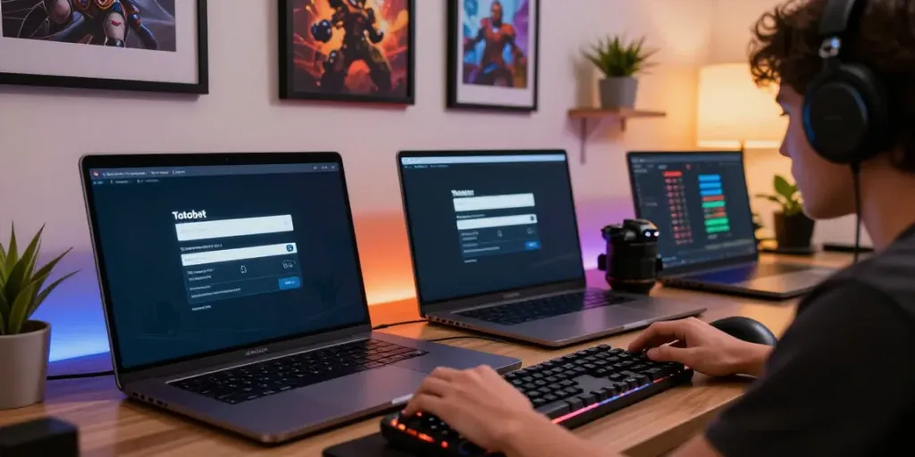 Totobet login interface displayed on a laptop in a modern digital gaming setup.