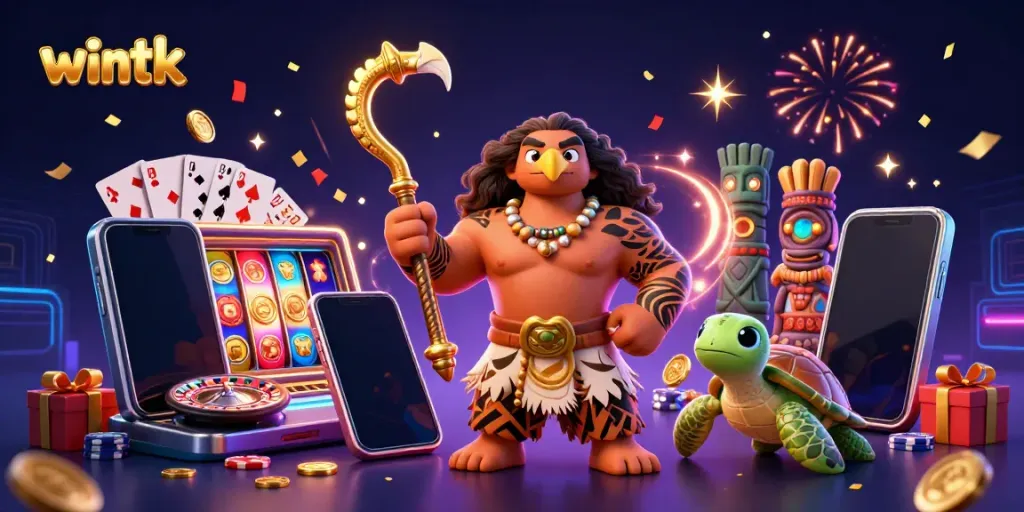 WinTK casino illustration with demigod and turtle enjoying slot games and poker action