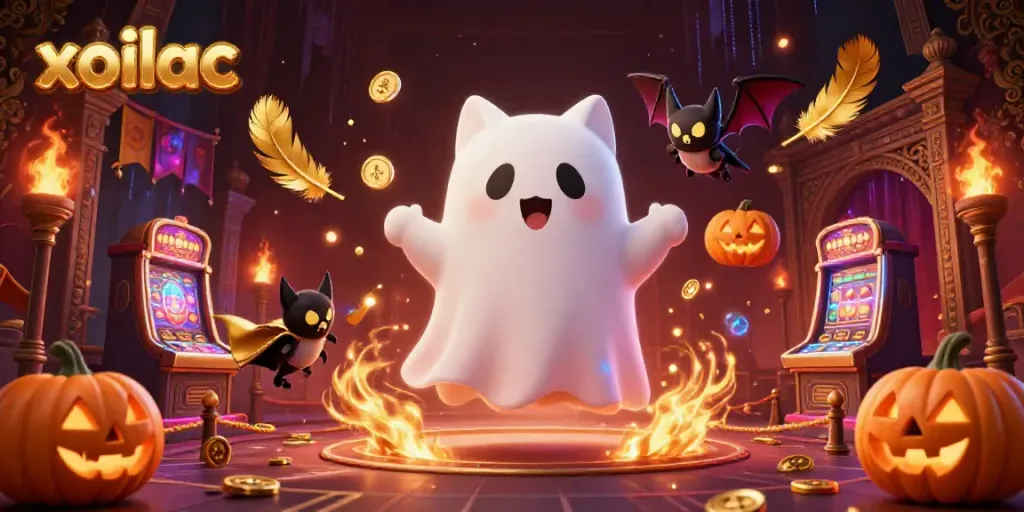 Experience the excitement of xoilac with a ghost cat and vampire bat in a haunted casino setting.
