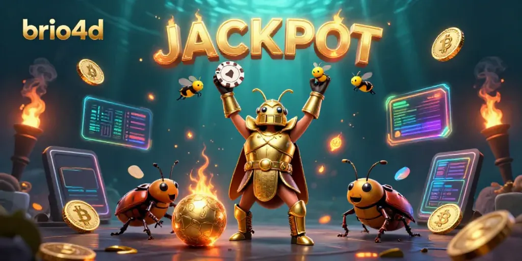 Experience the excitement of brio4d with animated characters and vibrant casino-themed elements celebrating a jackpot.