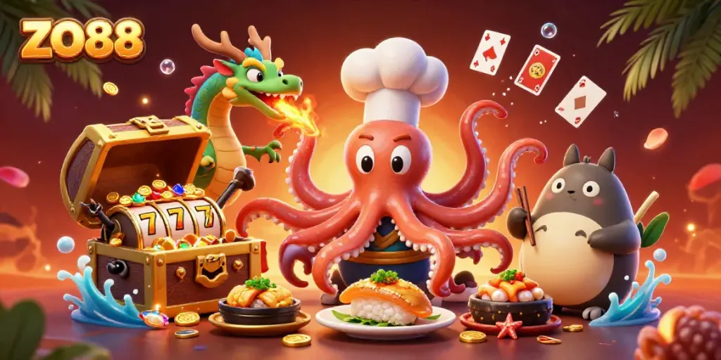 Experience the excitement of ZO88 with lively casino-themed characters and an underwater treasure scene.