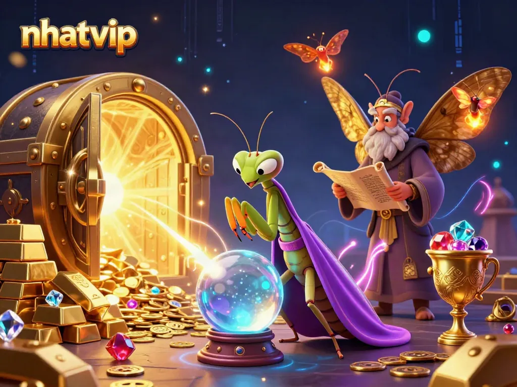 Nhatvip casino fantasy scene with fortune teller and treasures glowing in a mystical atmosphere