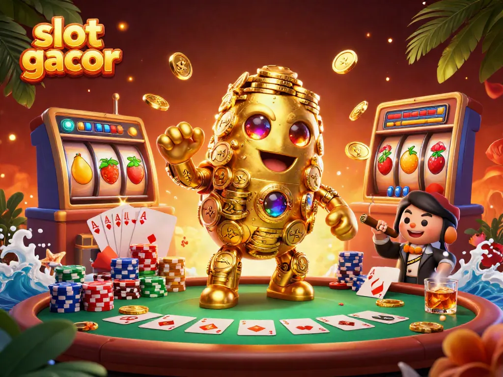 Experience slot gacor action in a vibrant 3D illustration featuring a golden golem amidst casino elements.