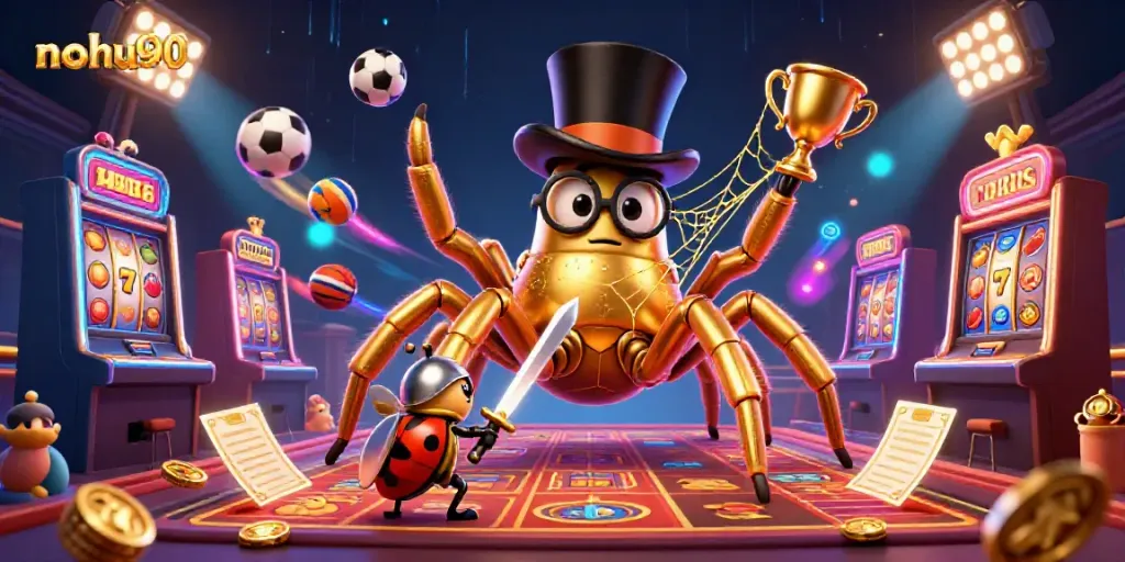 Engage with nohu90's thrilling slot gaming experience, featuring a dynamic scene of colorful slots and characters.