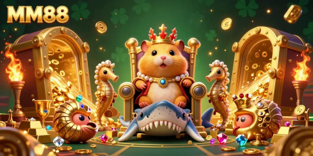 Experience the vibrant MM88 casino world with a tiny hamster king on a megalodon throne, gold treasures, and shimmering gems.