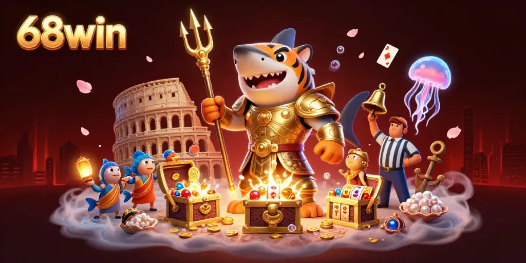 Experience the excitement of 68win casino with an immersive underwater scene featuring a tiger shark and treasure.
