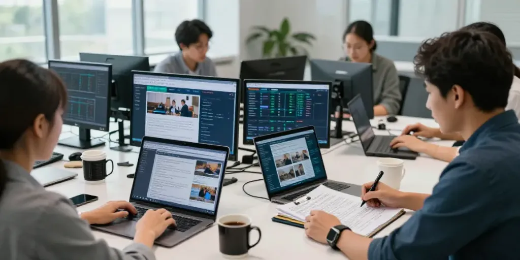 Generate news articles with AI in a modern newsroom filled with journalists collaborating.
