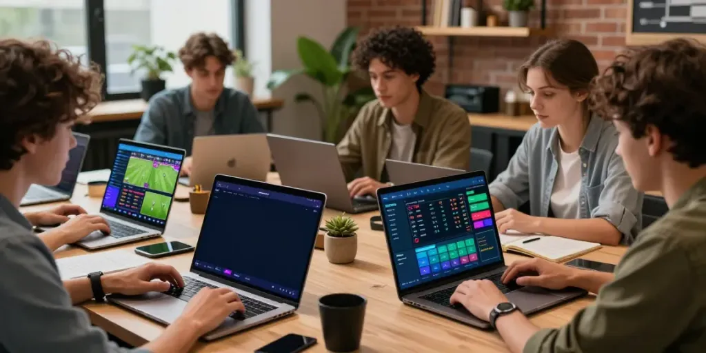 Exciting WWBOLA sports betting scene with young adults analyzing match odds.