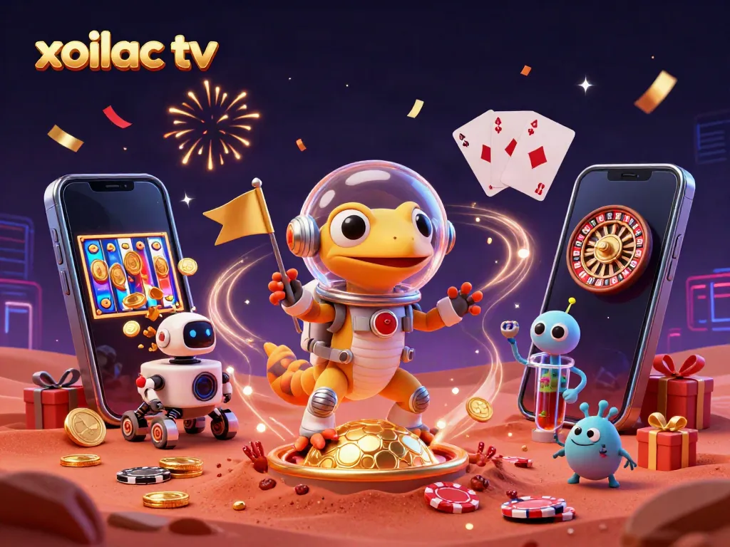 Celebrate with xoilac tv as a Martian gecko uncovers a golden casino on Mars in this vibrant illustration.