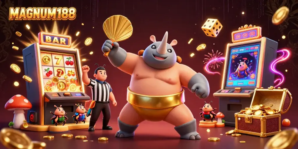 Experience the modern thrills of MAGNUM188 with a fantastical gambling scene featuring vibrant characters and slot machine action.