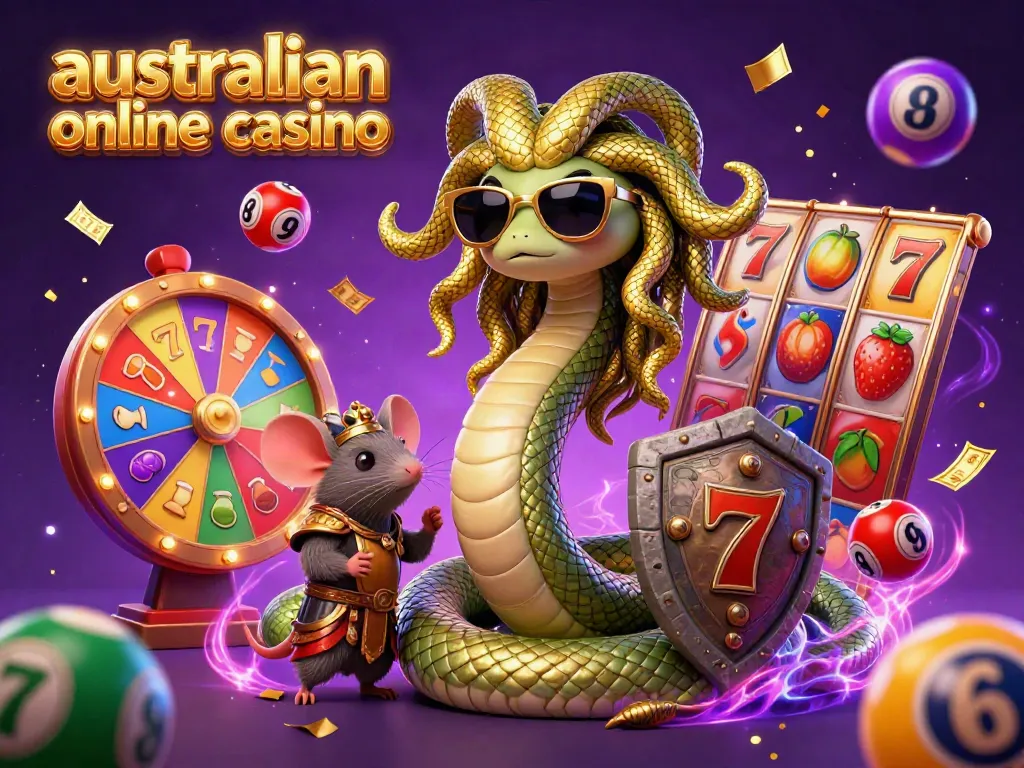 Experience the excitement of an australian online casino with colorful slot reels, Medusa, and a warrior mouse.