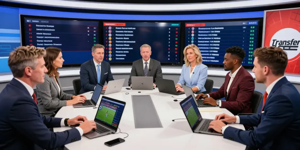 Active football news panel discussing ข่าวกีฬาฟุตบอล with digital updates in a modern studio