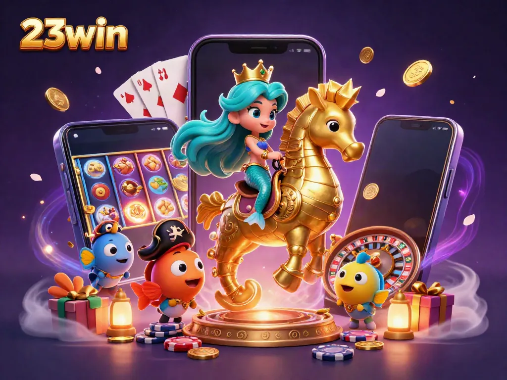 Experience thrilling gaming adventures with 23win's vibrant casino-themed illustration featuring a mermaid princess and a giant seahorse.