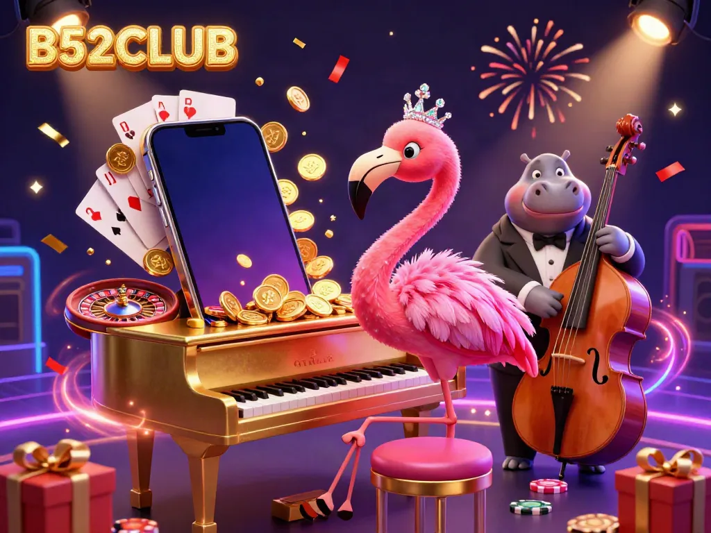 Engage with B52CLUB's vibrant casino scene featuring a flamingo singer, hippo bassist, and exciting game elements.