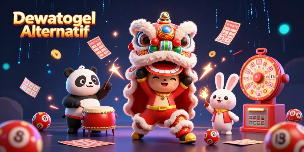 Win big with Dewatogel Alternatif in this dynamic lottery-themed illustration featuring exciting game elements.