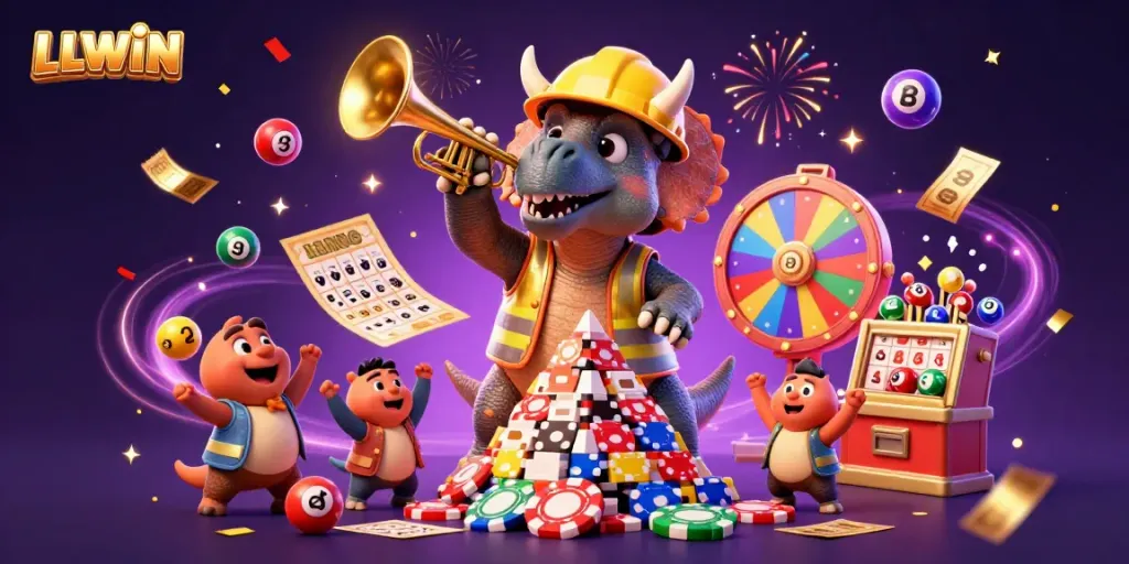 LLWIN showcases a unique casino celebration with a triceratops building poker chip pyramids, surrounded by dynamic game elements.