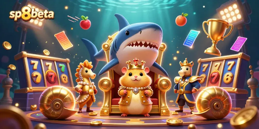 Experience exciting wins with sp8beta in this vibrant casino-themed 3D illustration featuring a hamster king!
