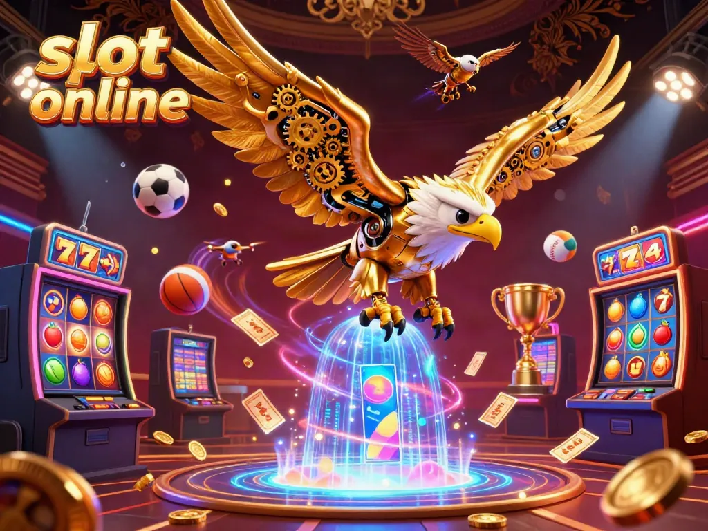 Engage in thrilling slot online gameplay with vibrant symbols and dynamic 3D characters in this casino scene.